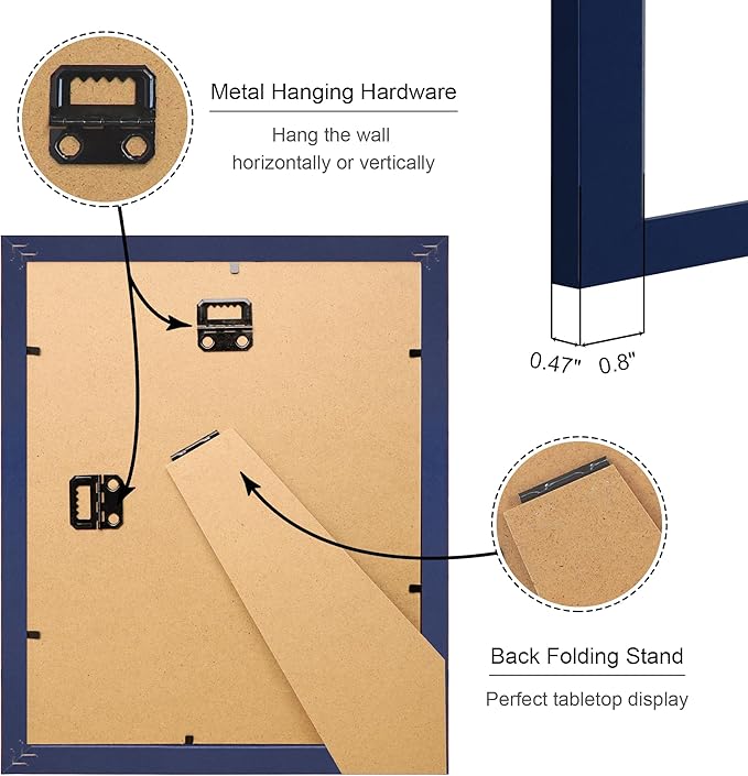 8x10 Picture Frame Set of 4, 8 x 10 Wood Photo Frames with Mat for 5x7, Natural Wooden Frame with Real Glass Cover for Wall and Tabletop Display,Blue-CasaMuseHome