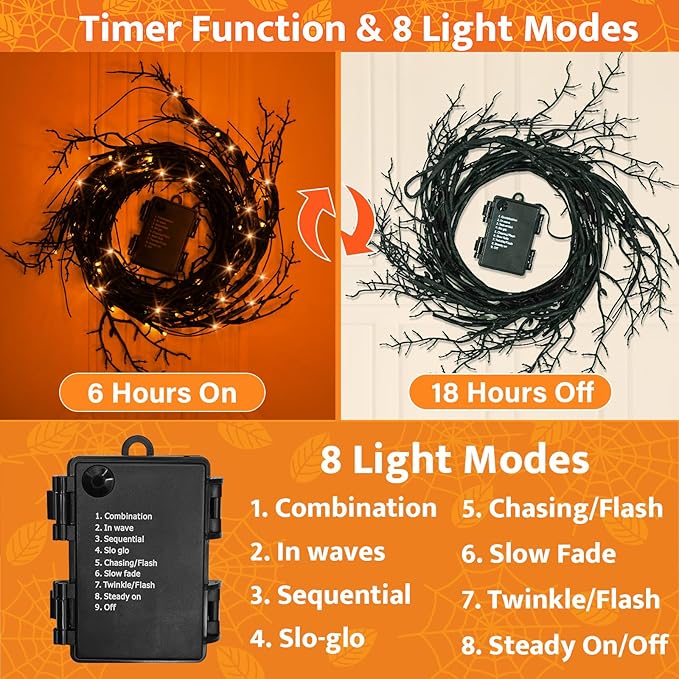 9 FT 72LED Halloween Willow Vine Twig Decor Branches Garland with Lights - 8 Modes Timer - Waterproof Battery Operated for Indoor Wall Fireplace Halloween Decorations-CasaMuseHome