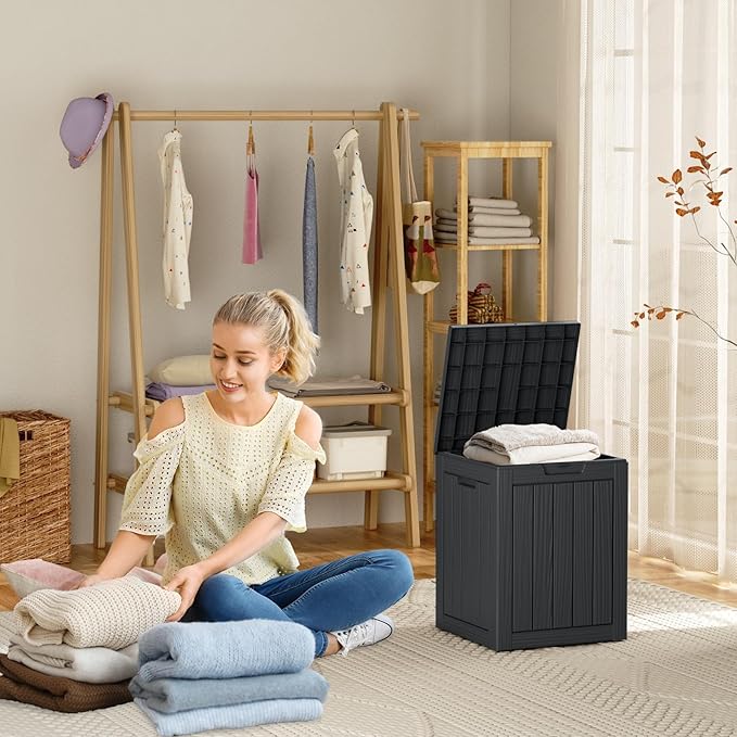 28 Gallon Resin Deck Box, Lockable Outdoor Storage Box for Patio Cushions Storage Furniture,Garden Tools, Pool Supplies, Weatherproof and UV Resistant（Black）-CasaMuseHome