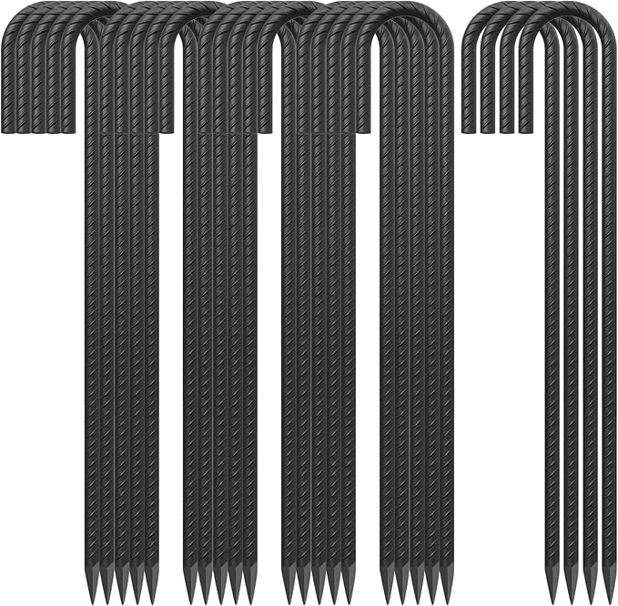 24 Pack J Hook Rebar Stakes 24 Inch 3/8 Inch Diameter Metal Stakes for Ground Heavy Duty with Chisel Point End Chain Link Fence Stakes for Swing Set, Gazebo and Bounce House, Black-CasaMuseHome