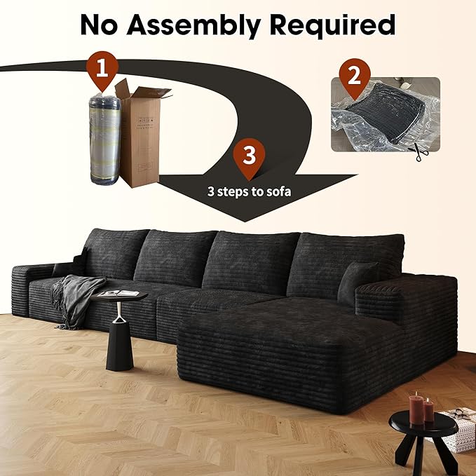 136" Sectional Couches for Living Room Modern Modular Sofa with L-Shape Couchs Upholstered Boneless Couch Deep Seat Sectional Couch with Chaise (Black, Right Facing Chaise+3Seaters)-CasaMuseHome