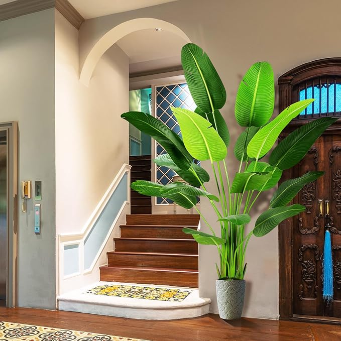 7.2ft Artificial Silk Bird of Paradise Palm Tree (85in) with 17 Trunks Faux Tree and Plastic Nursery Pot, Fake Plant for Office House Farmhouse Living Room Home Decor (Indoor/Outdoor)-CasaMuseHome