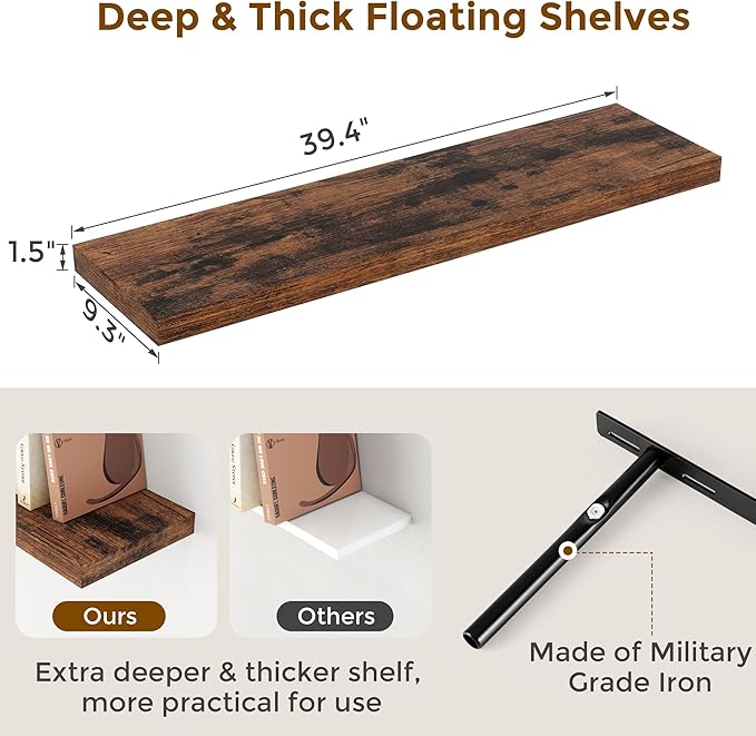 40 Inch Floating Shelvese, 40" W x 9" D Floating Shelf Set of 2, Farmhouse Wood Wall Shelves for Bedroom, Kitchen, Wall Mounted Deep Shelving for Home Decor, Rustic Brown Color-CasaMuseHome