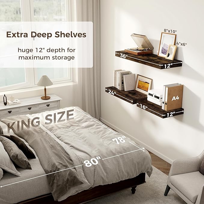 12 Inch Deep Floating Shelves, 24 x 12 Floating Shelf for Books, Rustic Wood Deep Wall Shelves for Home Storage & Display, 2" Thicked Shelves for Kitchen, Living Room, Bedroom, Rustic Brown, 2 Pack-CasaMuseHome