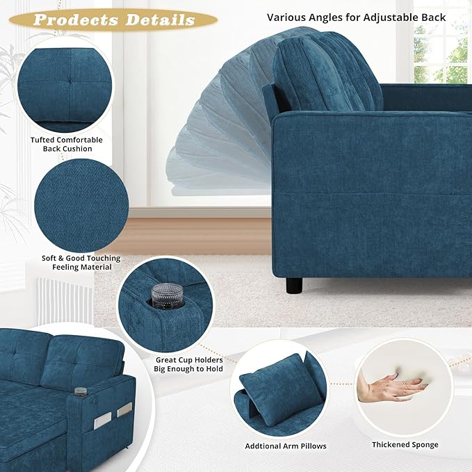110 Inches Chenille Sectional Sofa w/Pull Out Sofa Bed & Adjustable Back, Tufted U Shaped Couch w/Two Storage Chaises, Sleeper Sectional Sofa w/USB Port & Cup Holders for Living Room, Blue-CasaMuseHome