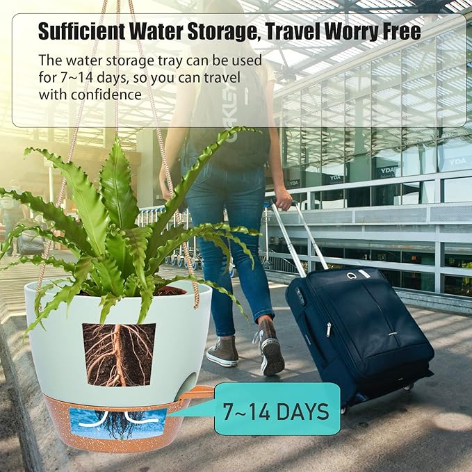 8 inch Hanging Planters, 2 Pack Self Watering Hanging Pots with 20oZ Deep Reservoir for Indoor Outdoor Plants Flowers, Green with Brown-CasaMuseHome