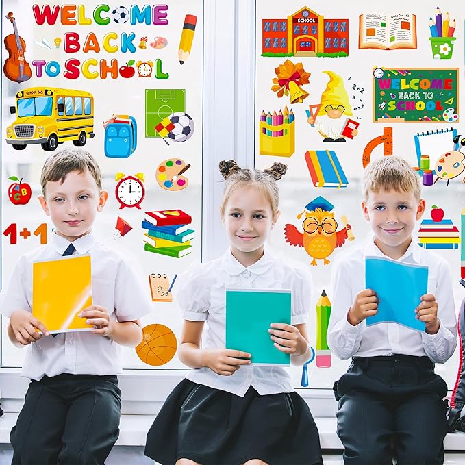 9 Sheets Back to School Window Clings, Double-Sided Window Clings for Classroom, Bus Apple Pencil First Day of School Book Window Stickers for First Day of School Decorations Supplies Decor-CasaMuseHome