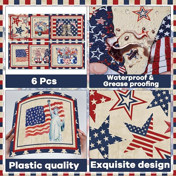 4th of July Placemats Set of 6 Patriotic Plastic Table Mats Independence Memorial Day Vintage America Flag Stars Stripe Place Mats Vinyl Table Decoration for Indoor Outdoor Party Kitchen Dining-CasaMuseHome