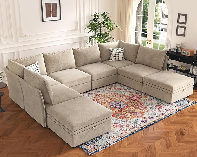 136.4" Oversized Modular Sectional Sleeper Sofa Bed, U Shaped Convertible Couch with Movable Ottoman, Large 8 Seat Corner Couches for Living Room Deep Seat Beige Chenille-CasaMuseHome