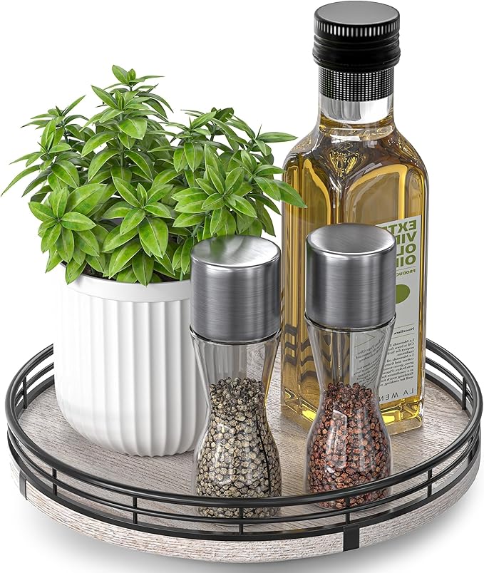 9" Wooden Lazy Susan Organizer for Cabinet, Turntable Round Decorative Tray for Kitchen Sink, Countertop Organizer, Bathroom Counter Organizer for Skincare Makeup, Rustic White-CasaMuseHome