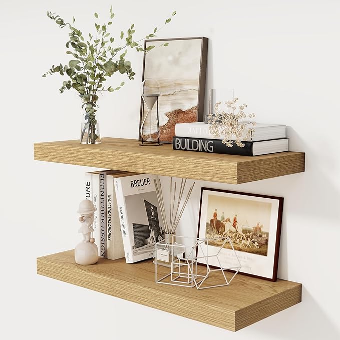 30 Inch Floating Shelves, 12 Inch Deep Floating Shelves for Wall, Rustic Wood 30 x 12 Shelves for Wall Storage & Display, 2 Inch Thicked Floating Shelf for Bathroom, Living Room, Oak Color, 2 Pack-CasaMuseHome