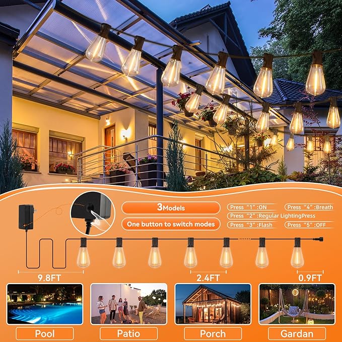 100 FT Outdoor String Lights for Outside, IP65 Waterproof ST38 LED Shatterproof Bulbs, Dimmable & Timable, 3 Light Modes, Hanging Patio Edison Lights for Porch Backyard Cafe Bistro-CasaMuseHome
