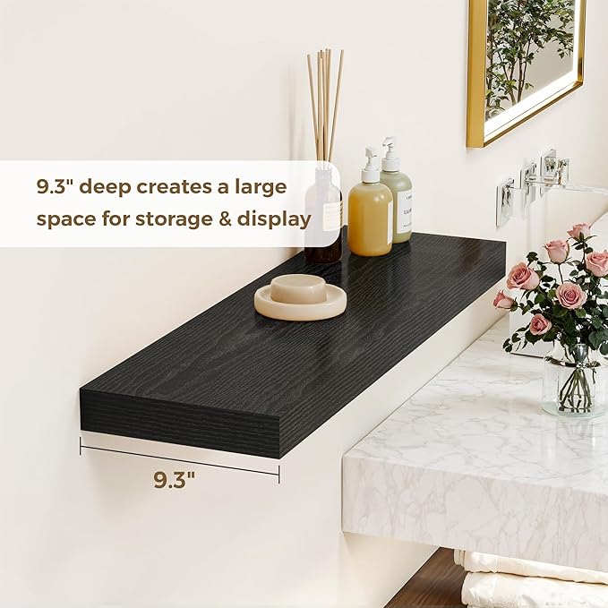36 Inches Floating Shelves for Wall, 9.3" Deep Long Floating Shelves Set of 2, Large Display & Storage Shelf, Wall Shelf for Bathroom Bedroom Living Room Kitchen Office, Black-CasaMuseHome
