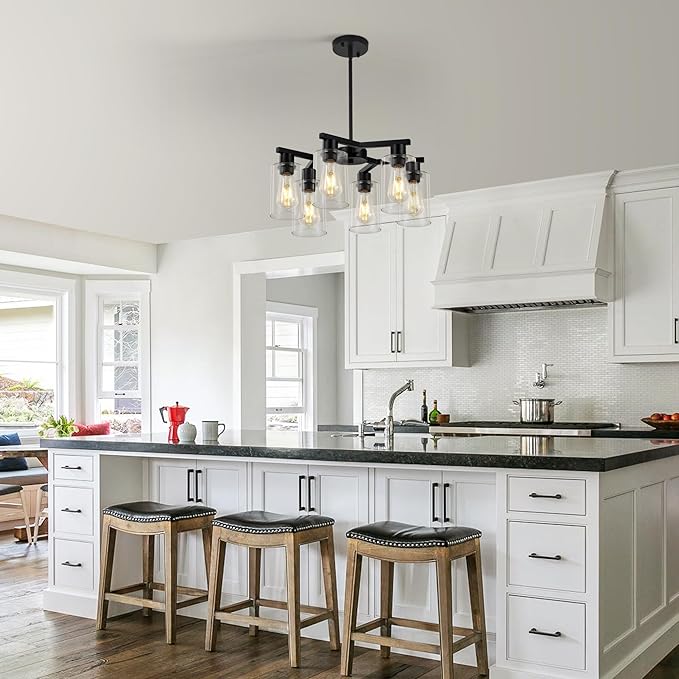 6-Light Black Modern Farmhouse Chandelier for Dining Room Ceiling Light Fixture with Clear Glass Shades, Adjustable Hanging Industrial Pendant Lighting for Living Room Kitchen Island Bedroom Entryway-CasaMuseHome