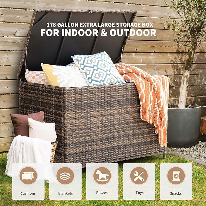 178 Gallon Outdoor Storage Box, Handle Large Portable Wicker Rattan Deck Box for Patio Furniture Cushions, Patio Deck Box with 2 WheelsThrow Pillows, Garden Tools and Pool Floats (Brown)-CasaMuseHome