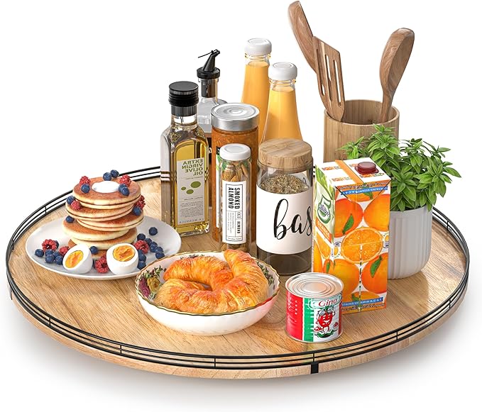 24" Lazy Susan Oak Wood Turntable Organizer for Cabinet, Farmhouse Round Wooden Large Lazy Susan Organization and Storage for Dining Table, Pantry, Kitchen, Countertop, Cupboard, Home Decor-CasaMuseHome