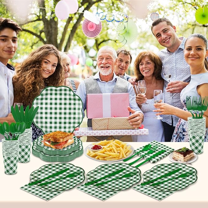175 Pcs Green Gingham Plates and Napkins Party Supplies - Green and White Checkered Plates Sets Serve 25 Guests - Scalloped Gingham Paper Plate for Birthday Picnic BBQ Golf Party Decorations-CasaMuseHome