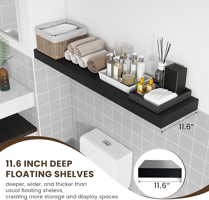 12'' Deep Floating Shelves, 48 Inch Large Floating Shelf Black, Deep Wall Shelves for Living Room Bathroom Laundry Room Bedroom Kitchen Home Office - Black-CasaMuseHome