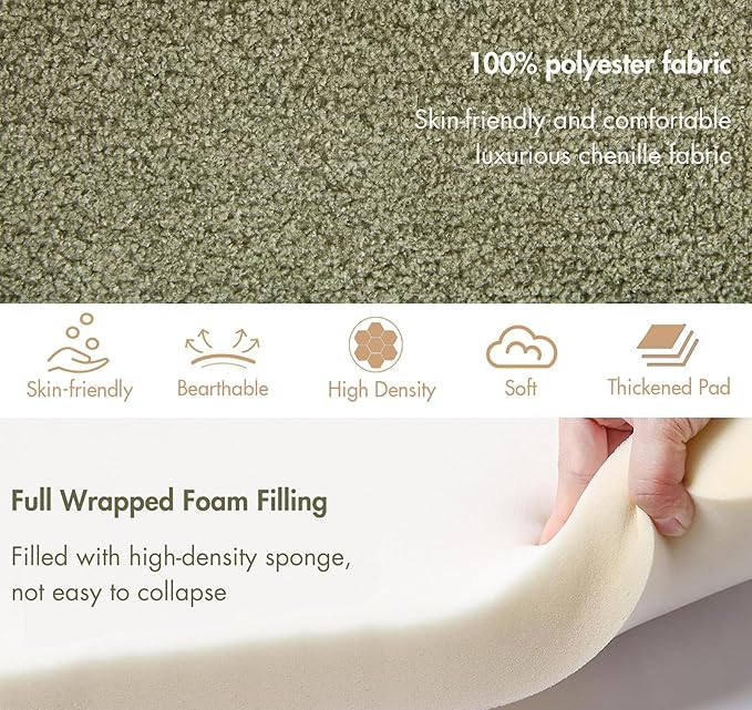 3-Piece 53" Comfy Upholstered Dining Bench with 2 Ottomans, Accent Waterfall Bench Modern End of Bed Entryway Bench Vanity Stool, Green Chenille-CasaMuseHome