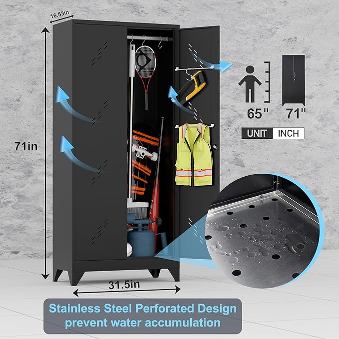 71'' Metal Storage Cabinet with Doors, Multifunctional Bathroom/Garage Lockable Steel Cabinet, Broom Closet Storage with Hanging Rod (Style-1)-CasaMuseHome