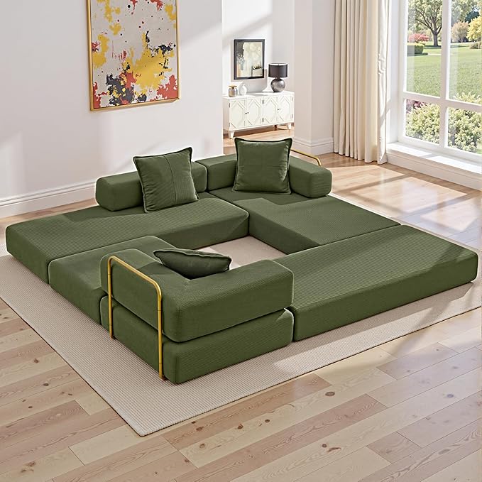 108" Oversized Convertible Sleeper Sofa Bed, Corduroy L Shape Sectional Couch, Folding Sofa Bed with Side Pocket, Modern Cloud Floor Mattress Couch, Modular Sofa for Living Room, Green-CasaMuseHome