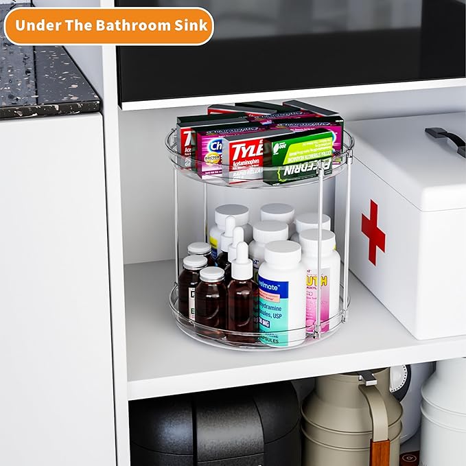 2 Tier Lazy Susan Turntable for Cabinet,Countertop,Pantry,9.5"W Spinning Seasoning Organizer,Double Rotating Kitchen Spice Rack Organizer and Condiments,Medicine,Vitamin Bottle Organizer Carousels,2Pc-CasaMuseHome