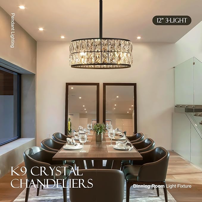 12” 3-Light Modern Crystal Chandeliers Black Dinning Room Light Fixture with Two Poles, Round Pendant Light Kitchen Island Chandelier, Flush Mount Ceiling Light for Living Room Entryway-CasaMuseHome