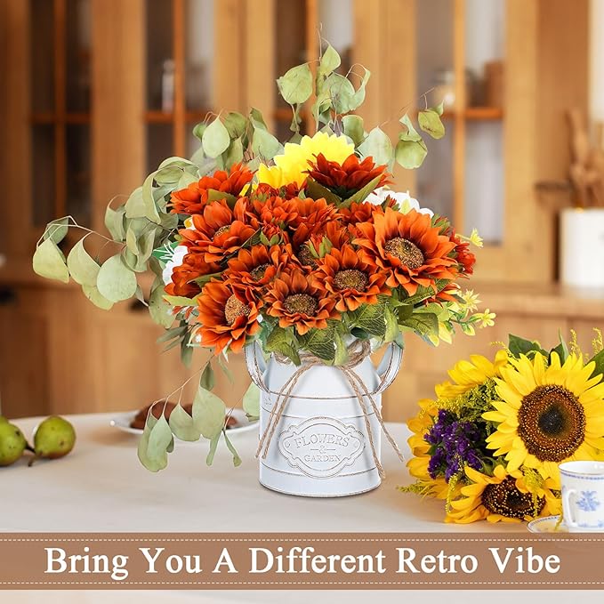 6 Inch Farmhouse Vase Decor Milk Can Vintage Flower Jug Galvanized Metal Vase with Handle Rustic Flower Buckets for Thanksgiving Christmas Table Centerpiece Weddings Gifts(Retro White,2 Pcs)-CasaMuseHome