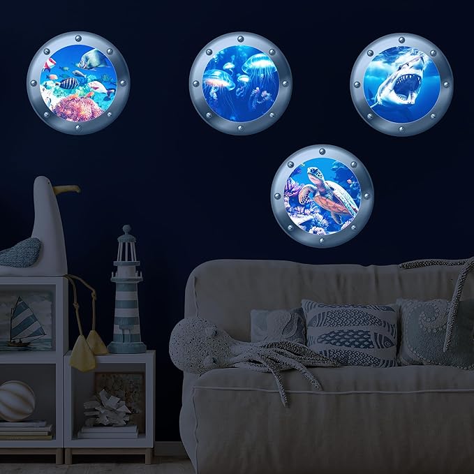 3D Ocean Animals World Wall Stickers Glow in The Dark, 4 Pcs Sharks Turtles Jellyfishs Removable Decals for Kids, Vinyl Stickers for Ceiling (Blue)-CasaMuseHome