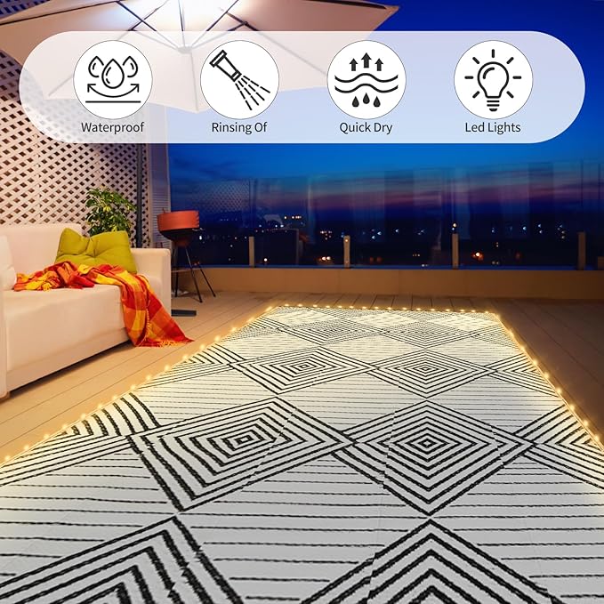 8x10ft Waterproof Outdoor Rug with LED Lights, Foldable Reversible Plastic Straw Mat for Patio RV Camping Picnic Balcony Beach Deck Indoor Outdoor Carpet, Black&White-CasaMuseHome