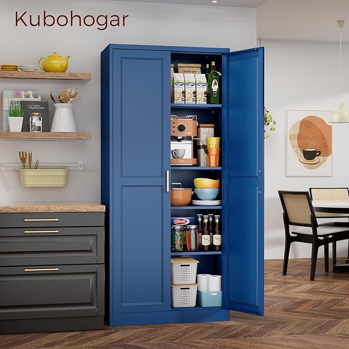 71" Metal Pantry Cabinet, Tall Kitchen Pantry Storage Cabinet with 4 Adjustable Shelves and Gold Handles, Blue Cupboard for Kitchen, Dining Room, Living Room-CasaMuseHome