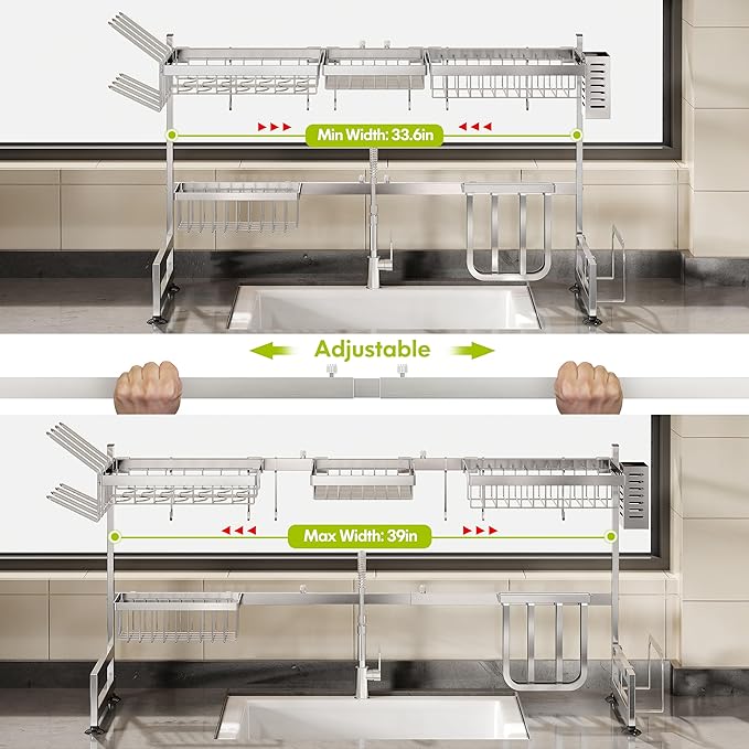 2 Tier Extra Large Stainless Steel Expandable Over The Sink Dish Drainer Drying Rack, Rust Proof Metal, Space Saving, Modern Silver Big Capacity Extendable Plate Strainers Above Kitchen Counter-CasaMuseHome