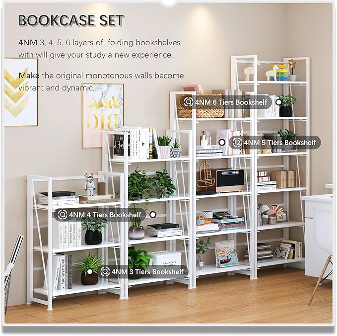 4NM No Assembly Foldable Bookshelf, 6-Shelf Collapsible Bookcase Storage for Small Spaces, 74" H, All White-CasaMuseHome