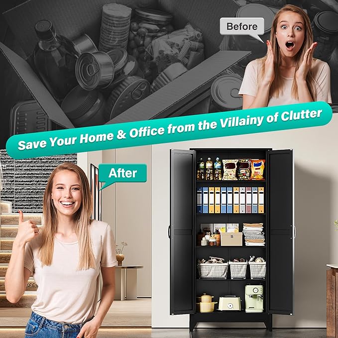 75" Tall Pantry Cabinet,Farmhouse Kitchen Pantry Storage Cabinets with 2 Doors and 5 Shelves,Black Metal Storage Cabinet,Large Cupboard for Home,Kitchen,Dining/Living Room-CasaMuseHome