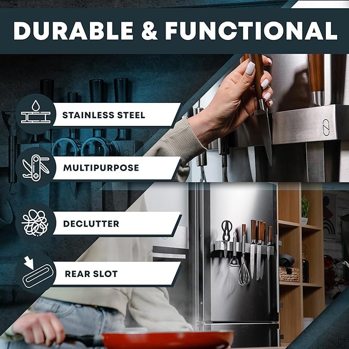 16" Magnetic Knife Holder for Wall with 2x Storage - Safe, Patented Storage Design - Stainless Steel Knife Magnetic Strip, Under Cabinet Knives Storage - Magnet Strip Rack Kitchen Utensil Organizer-CasaMuseHome