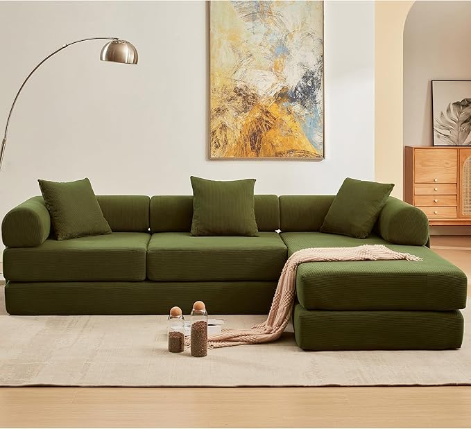 107" Oversized Convertible Sleeper Sofa Bed, Corduroy L Shape Sectional Couch, Folding Sofa Bed with Side Pocket, Modern Cloud Floor Mattress Couch, Modular Sofa for Living Room, Green-CasaMuseHome