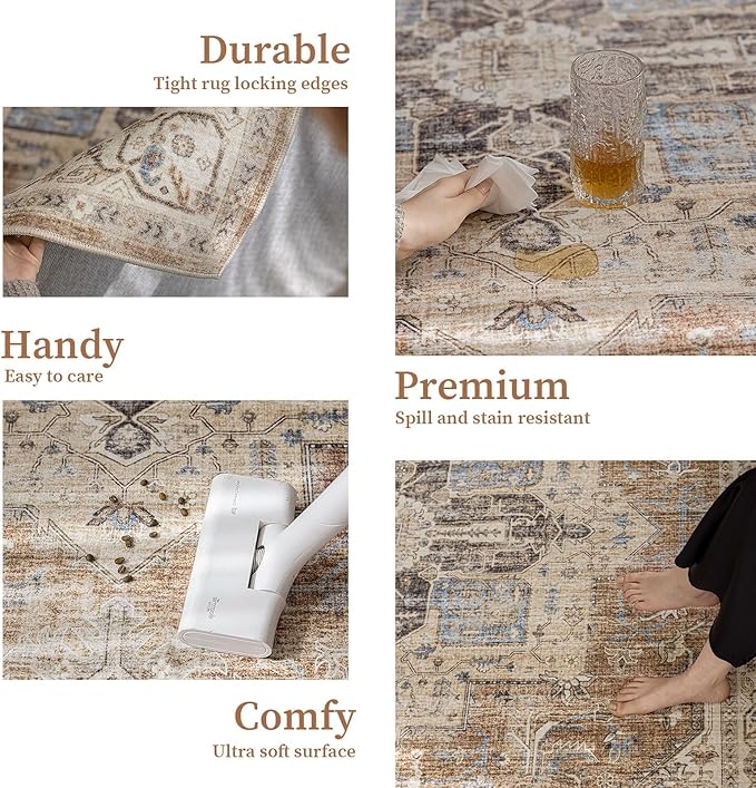 6'x9' Area Rug - Vintage Persian Medallion Design Low-Pile Faux Wool Rug, Non-Slip Backing, Machine Washable, for Living Room, Dining Room, Bedroom (Brick Red)-CasaMuseHome