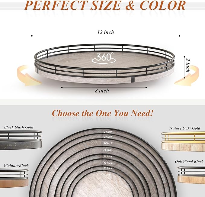 12" Farmhouse Lazy Susan for Kitchen & Coffee Table Decor – Rustic Wood Tray with Black Metal Frame, Decorative Centerpiece for Dining Room, Ottoman, Living Room, Serving or Vanity Use-CasaMuseHome