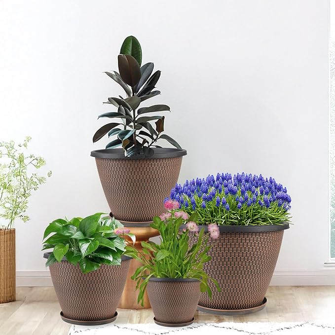 4 Pack 8 inch Plant Pot, Plastic Pots for Plants Indoor, Round Planters for Outdoor Plants with Drainage Holes & Trays, Decorative Flower Pots Garden Containers Sets for Houseplants (Black Copper)-CasaMuseHome