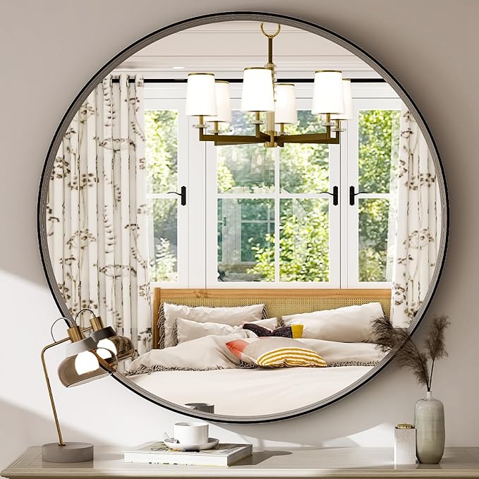 30 Inch Round Bathroom Mirror - Wall Mounted Circle Mirror with Metal Frame, Modern Mirror Suitable for Bathroom, Vanity, Entryway, Living Room, Wall Decor,Black-CasaMuseHome