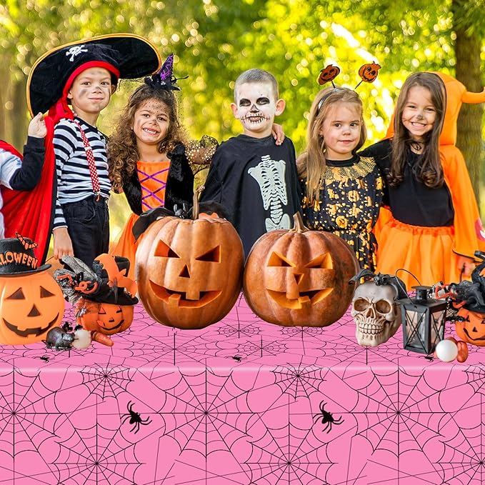 2 Pcs Halloween Tablecloth - Plastic Halloweens Spider Webs Table Cloth, Pink Disposable Rectangle Spiderweb Table Cover for Halloween Party Decorations Supplies Favors Tables Decor, 108 x 54 Inch-CasaMuseHome