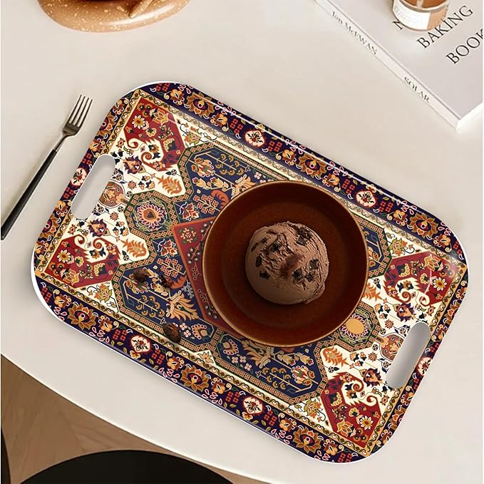Serving Trays with Handles, 14.5 x 9.8 inch Rectangular Plastic Tray for Restaurant, Kitchen, Dark Red Pattern-CasaMuseHome