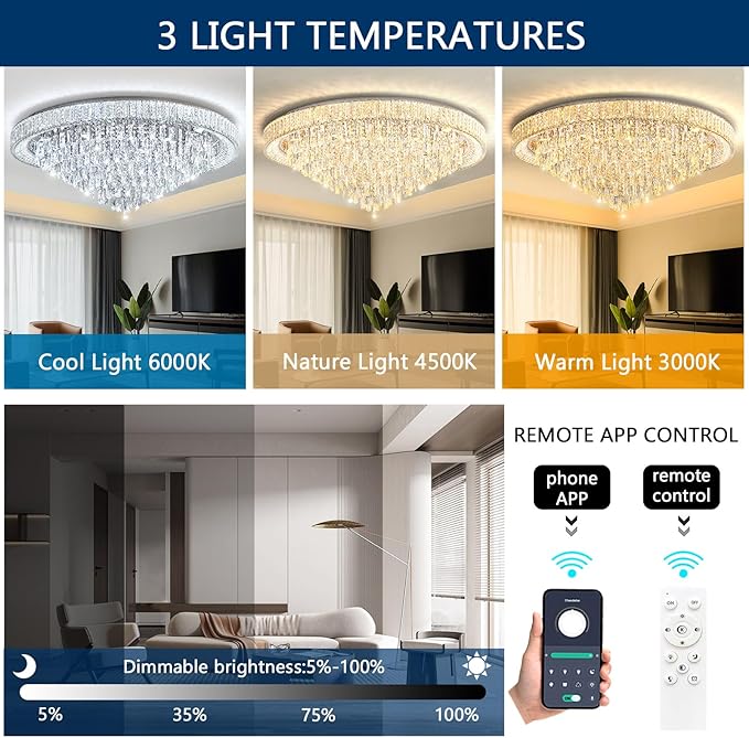 47'' Modern Chandeliers LED Dimmable Crystal Flush Mount Ceiling Chandeliers for Living Room High Ceiling Entrance Foyer Lobby Bedroom Silver-CasaMuseHome