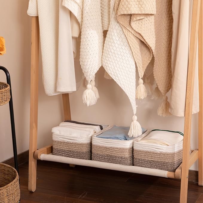 3 Pack Small Storage Baskets for Organizing, Cute Woven Decorative Gift Baskets for Shelves, Mini Closet Organizer Bins with Handles-13''Lx8.66''Wx5.11''H-Brown White-CasaMuseHome