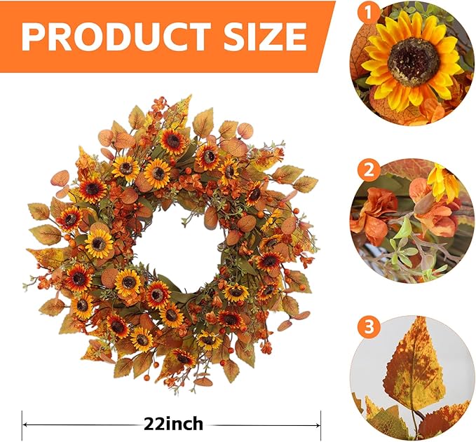 22 inch Artificial Fall Wreaths for Front Door,Autumn Wreath with Eucalyptus Leaves and Chrysanthemum Suitable for Indoor Outdoor Harvest Festival Thanksgiving Day Farmhouse Holiday Decor.-CasaMuseHome