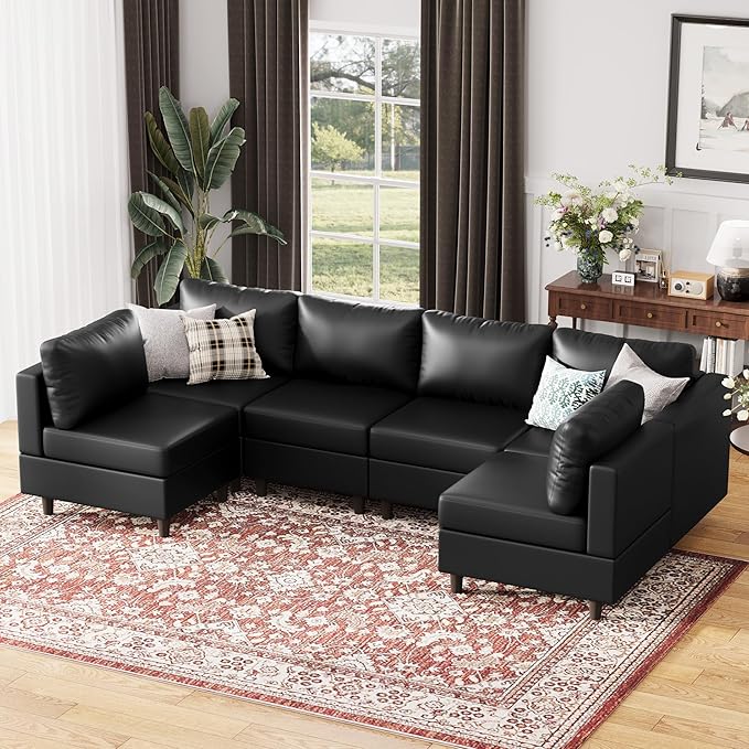 118.5" Faux Leather Modular Sectional Sofa with Storage Seat, Modern 6 Seater Couch Deep Seat with Removable Cover DIY Combination Black-CasaMuseHome