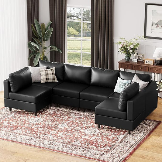 118.5" Faux Leather Modular Sectional Sofa with Storage Seat, Modern 6 Seater Couch Deep Seat with Removable Cover DIY Combination Black-CasaMuseHome