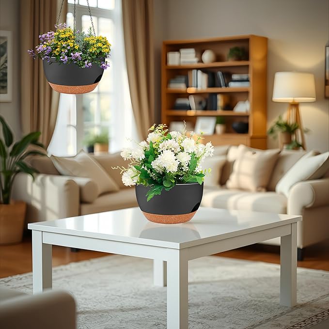 2 Pack 12 Inch Large Hanging Planters with Chains Self Watering Black Brown Plastic Hanging Pots for Indoor Outdoor Plants, Garden Porch Home Decor，Black Brown-CasaMuseHome