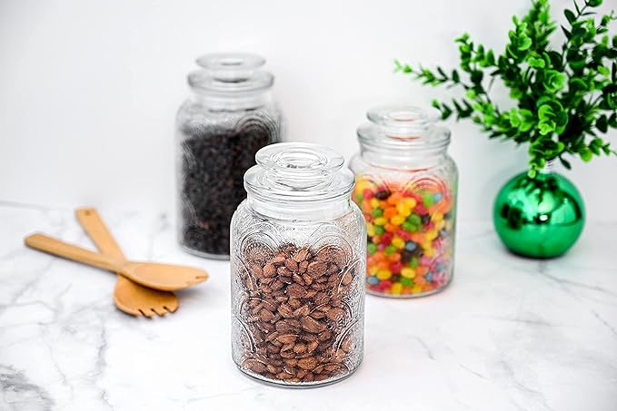 Le'raze Food Storage Containers with Airtight Lids - Retro Design - Pantry Organization, Glass Canisters Storage for Cookies, Tea, Sugar, Candy Jars, Sugar Packet, Set of 3-CasaMuseHome