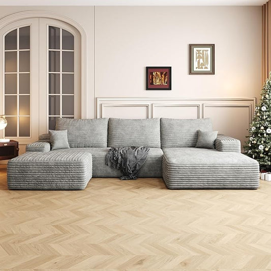 108" Sectional Couches for Living Room Modern Modular Sofa with L-Shape Couchs Upholstered Boneless Couch Deep Seat Sectional Couch with Chaise (Grey, Right Facing Chaise+2Seaters+1Ottoman)-CasaMuseHome